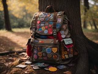 A woman's backpack, covered in colorful patches and pins, rests against a tree