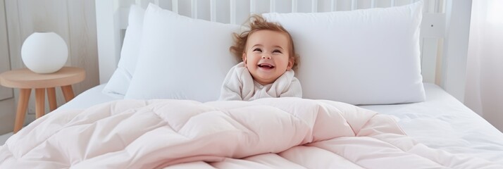 Obraz na płótnie Canvas Portrait of a Happy, Smiling Baby Girl in a Bright Bedroom Bed, Enjoying a Blissful Childhood