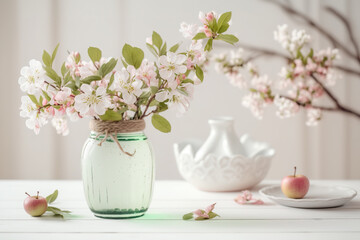 Fototapeta na wymiar Apple tree branches and a pink vase of flowers are displayed on a white table. Generative AI