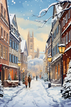 Fototapeta Winter Wonderland in Strasbourg, A festive journey through the charming streets adorned with iconic landmarks and vintage buildings, capturing the essence of Christmas in whimsical cartoon art,