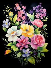 Beautiful watercolor bouquet of flowers on a black background