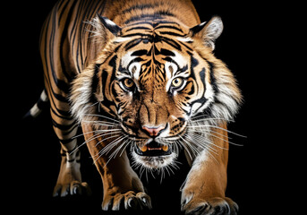 Realistic portrait of a tiger on dark background. AI generated
