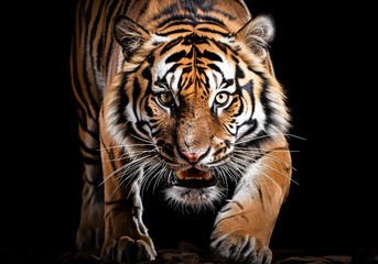 Fototapeta premium Realistic portrait of a tiger on dark background. AI generated