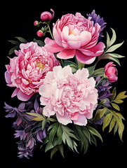Bouquet composition decorated with dusty pink watercolor peony flowers on the black background
