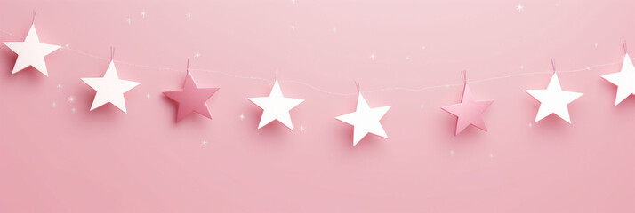 Soft pink Christmas banner background with soft pink stars in row on a pink background. Pink Christmas background. Copy space