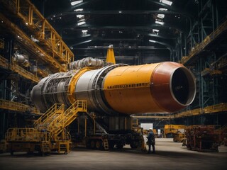 A massive, industrial rocket being assembled piece by piece in a bustling spaceport