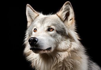 Obraz premium Realistic closeup portrait of a white wolf on dark background. AI generated
