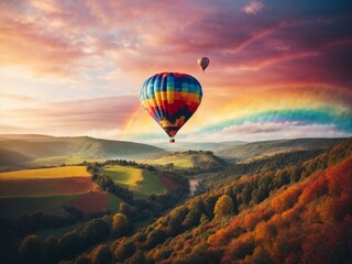 A vibrant hot air balloon soaring over a picturesque landscape