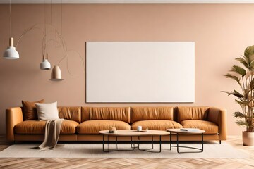 room interior wall mockup in warm tones with sofa on empty wall background.
