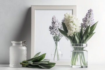 Hyacinth blooms on a canvas background with a glass clear frame. Generative AI