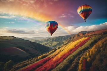 A vibrant hot air balloon soaring over a picturesque landscape