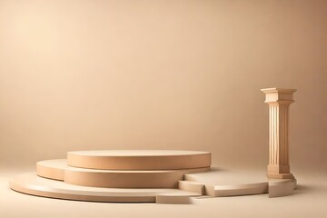 Wooden podium on beige background for product presentation.