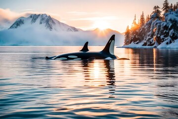  Killerwhale traveling on ocean water with sunset Norway Fiords on winter background 