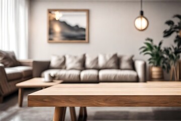 Wood table top on blur living room have leather sofa and decoration minimal.  