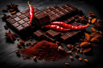  chocolate bar, red  chilli pepper cayenne, dry  chili spices, cocoa beans nibs powder, food tasty design on black wooden background  