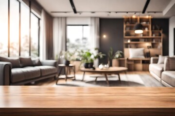 Wood table top on blur living room have leather sofa and decoration minimal.  