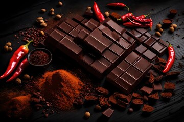  chocolate bar, red  chilli pepper cayenne, dry  chili spices, cocoa beans nibs powder, food tasty design on black wooden background  