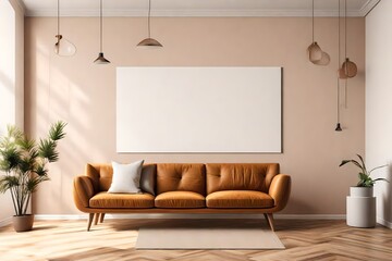 room interior wall mockup in warm tones with sofa on empty wall background.