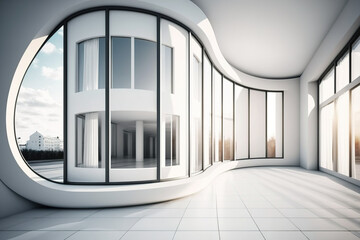 Fototapeta premium Curved wall building with panoramic windows. Generative AI