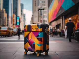 A sleek and modern travel suitcase in bustling city street with skyscrapers