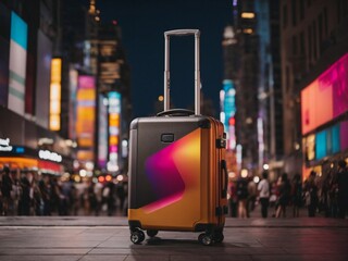 A sleek and modern travel suitcase in bustling city street with skyscrapers