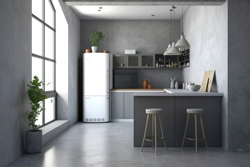 Corner of a gray kitchen with a bar and loft windows. gray walls and a concrete floor. a mockup. Generative AI