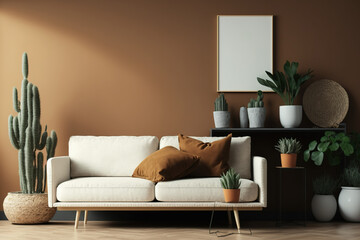 Brown living room wall. Contemporary interior mockup. Free copy space for photo, poster, text, or design. Sofa, sideboard, carpet, plants. Generative AI