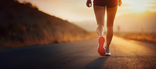 Back view of Young woman doing exercise walking and run on country road in the morning with sunrise background. Close Up legs. Concept of health and lifestyle. - obrazy, fototapety, plakaty