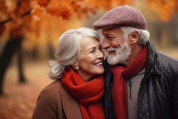 Fototapeta premium Portrait of an elderly couple together. Happy senior couple in autumn park.