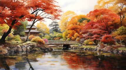 Painting art, Autumn Japanese garden with pond and bridge, japanese style. Ai generative.