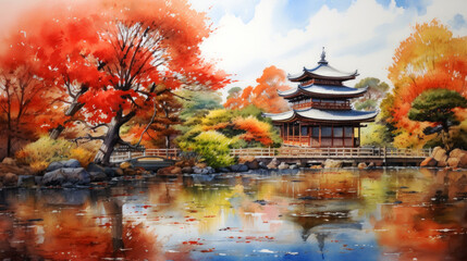 Painting art, Autumn Japanese garden with pond and bridge, japanese style. Ai generative. - obrazy, fototapety, plakaty
