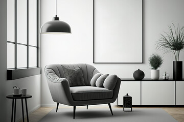 Stylish living room design featuring a creative armchair, coffee table, pouf, mock-up poster frame, and personal accessories in a similar vein. Copy space Template. Generative AI