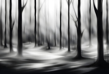 blurred modern monochrome abstract painting of tall bare winter forest trees in the mist