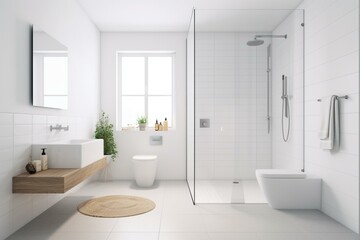 Fototapeta na wymiar Minimalist white bathroom interior with shower and toilet. Generative AI