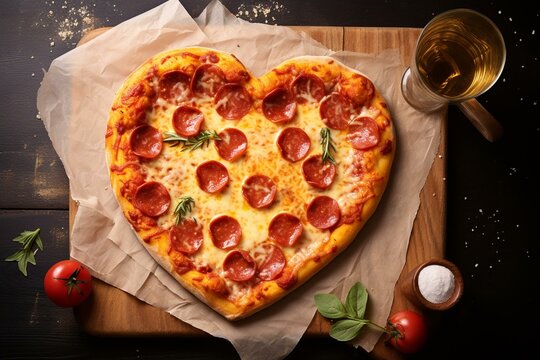 Heart-shaped pizza with salami, tomato sauce, parmesan, mozzarella, and olive oil on parchment paper, topped with cheese that says 'I love you'. Love-themed concept for Valentine's Day. Generative AI