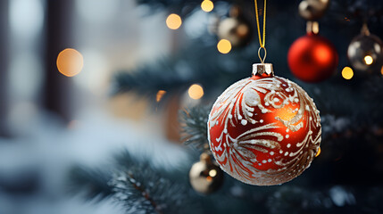 Festive Christmas Tree Closeup with Ornate Decorations