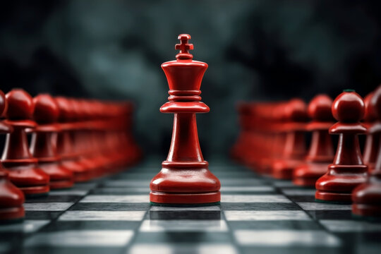 RED QUEEN AMONG PAWNS. CHESS PIECES ON A CHESSBOARD