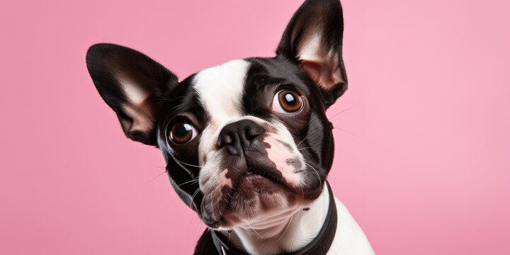 a close up of a dog on a pink pastel background