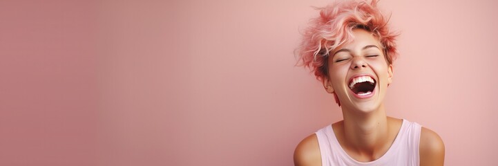 a woman with pink hair, pink beige pastel background