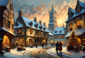 Christmas scene with a snow covered old fashioned english town in winter at twilight with ancient houses illuminated by lamps at twilight - obrazy, fototapety, plakaty