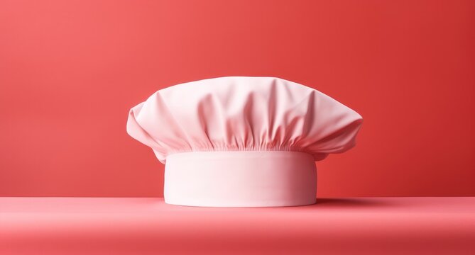 a chef hat on a pink surface, on a red pastel background