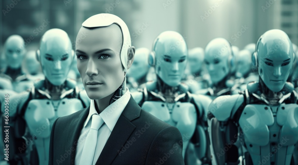 Poster a robot man in a suit standing in front of a group of robots. generative ai.