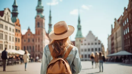 Poster Tourist Woman with Hat and Backpack in Riga, Latvia. Wanderlust concept. © DVS