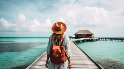 Tourist Woman with Hat and Backpack in Maldives. Wanderlust concept. - obrazy, fototapety, plakaty