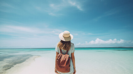 Fototapeta na wymiar Tourist Woman with Hat and Backpack in Maldives. Wanderlust concept.