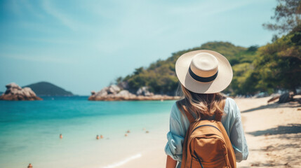Tourist Woman with Hat and Backpack in Phuket, Thailand. Wanderlust concept. - obrazy, fototapety, plakaty