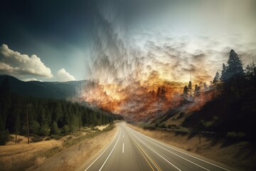 Wide-angle imagery showing wildfires and statistical information, suitable for banners or advertisements. Generative AI