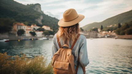 Tourist Woman with Hat and Backpack in France. Wanderlust concept.