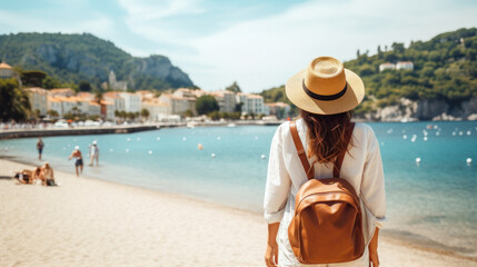 Tourist Woman with Hat and Backpack in France. Wanderlust concept.
