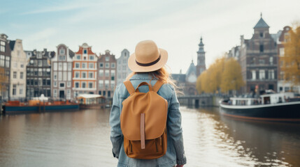 Tourist Woman with Hat and Backpack in Amsterdam, Netherlands. Wanderlust concept. - obrazy, fototapety, plakaty